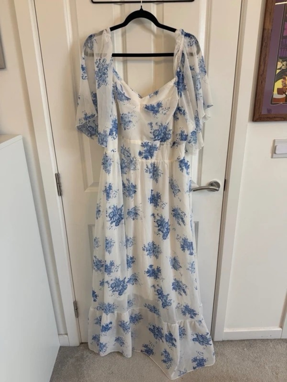 White and Blue Floral Maxi Dress with Flutter Sleeves